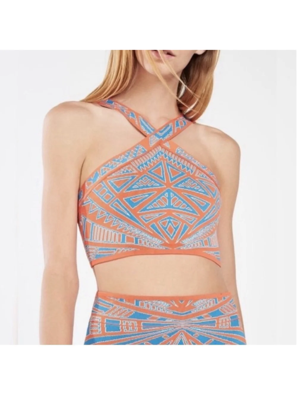 BCBGMAXAZRIA Katiya Crop Top & Skirt 2 Piece Bandage Set Size XS Orange Blue